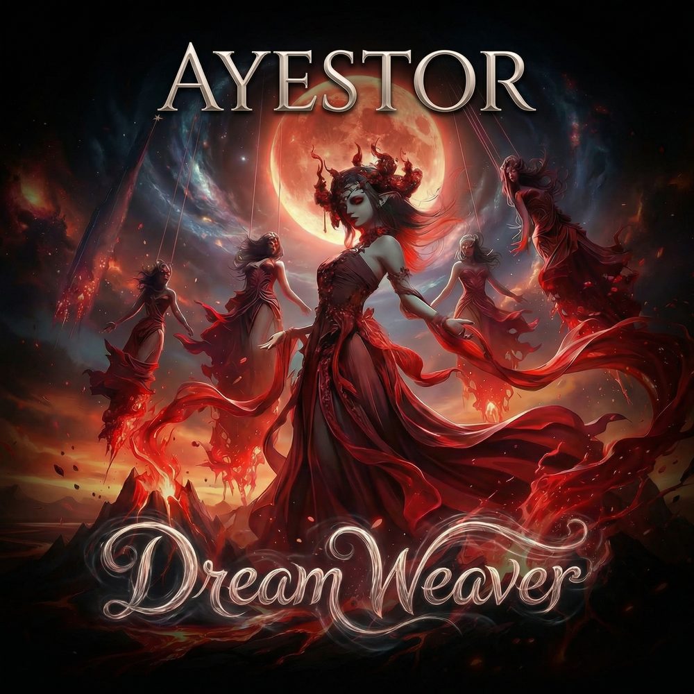 Dream Weaver single cover — a crimson-robed weaver beneath a red moon