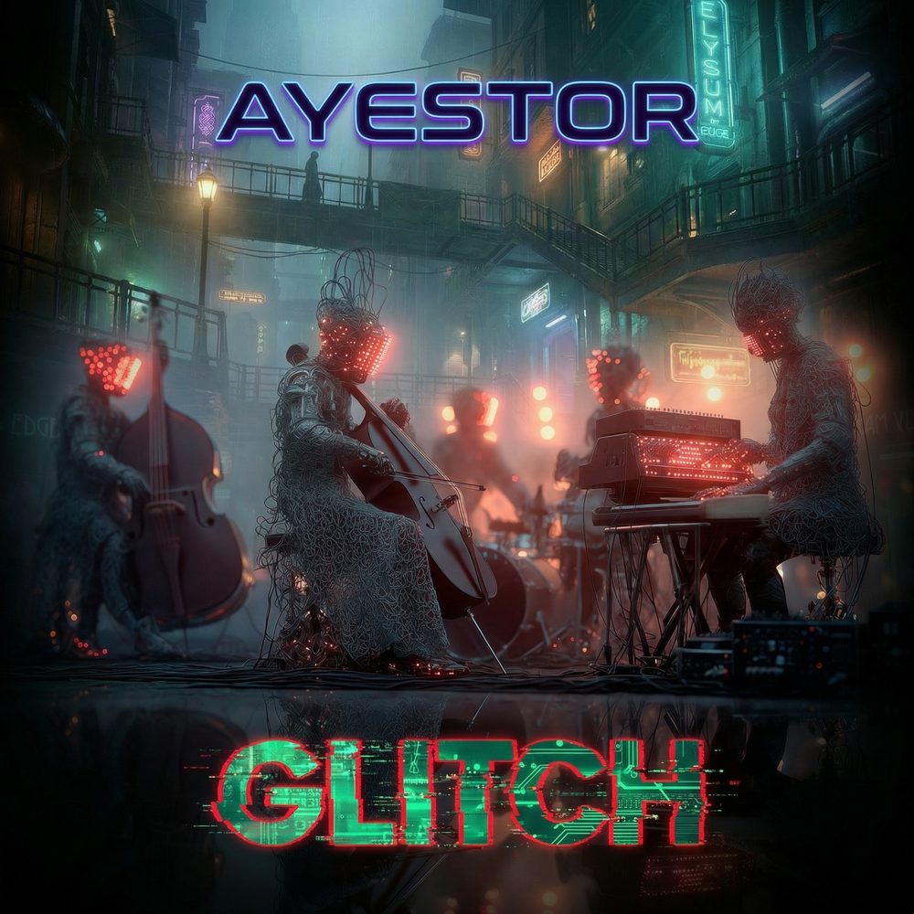 Glitch single cover — cyberpunk musicians lit in red and neon
