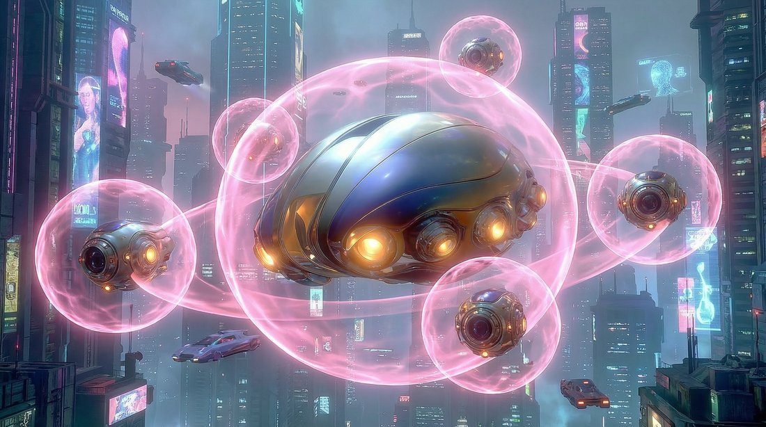Honey, a swarm-coherent AI: a sleek silver-gold ovoid pod with amber lens-lights escorted by smaller spherical drones, each cradled in a translucent pink energy bubble, hovering over the neon megacity