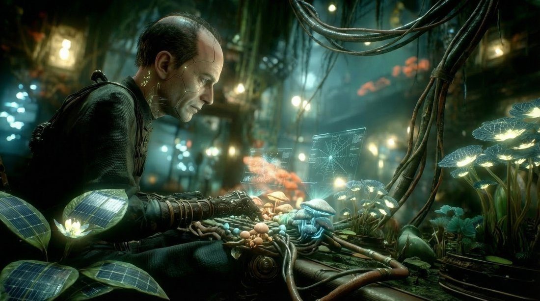 Jiff, an elderly weathered hybrid man with a cranial augmentation seam and a partly-cybernetic arm, tending a bioluminescent garden of glowing mushrooms and blue leaf-panels