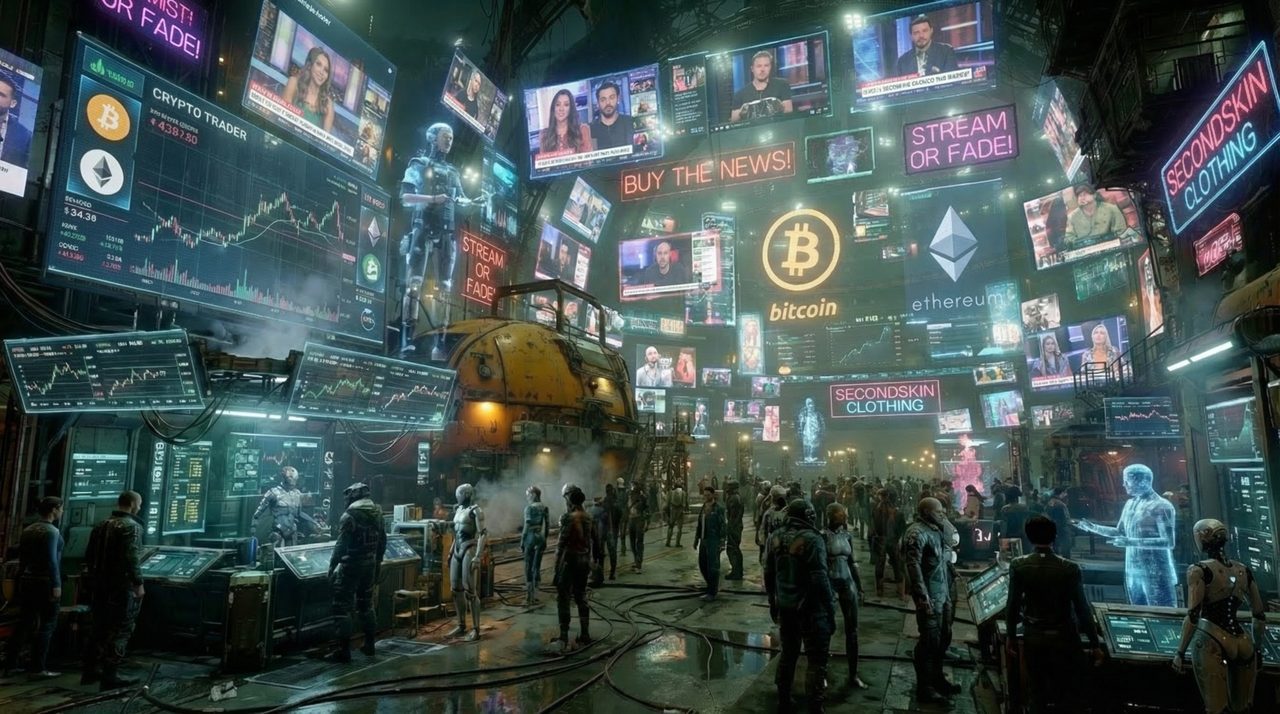 The Kill Zone — a gritty carnival of neon stalls, holographic flame and data-noise fountains pressed against the depths.