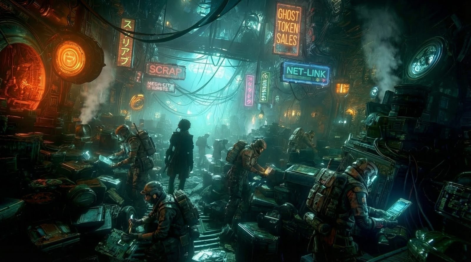 Figures working at terminals in a neon-lit black-market data bazaar — Ghost Token Sales